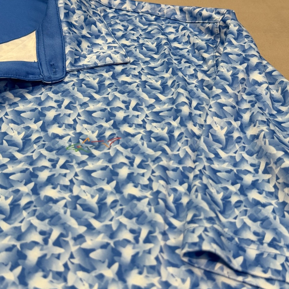 Greg Norman Men XXL Blue Shark Print Performance Active Golf Polo Shirt RLX-7292